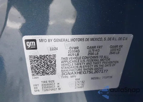 2025 Chevrolet Equinox Fwd Lt из США, поврежденный, VIN 3GNAXHEG7SL207177